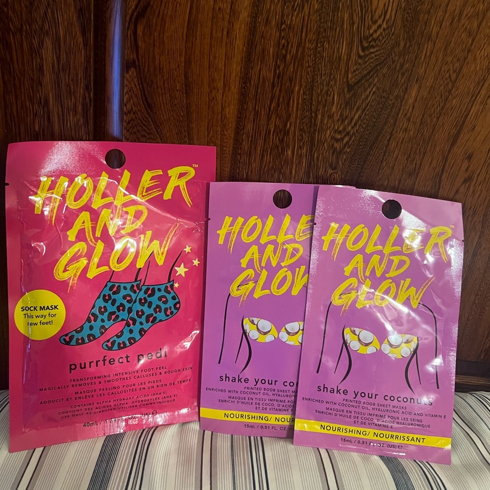 Holler and Glow 1 Purrfect Pedi Peel & 2 Shake Your Coconut Masks, new in pkg.